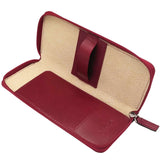 Red Leather Zipped Triple Pen Case - open, cream suede interior