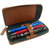Tan Leather Triple Zipped Pen Case - open, pens inside