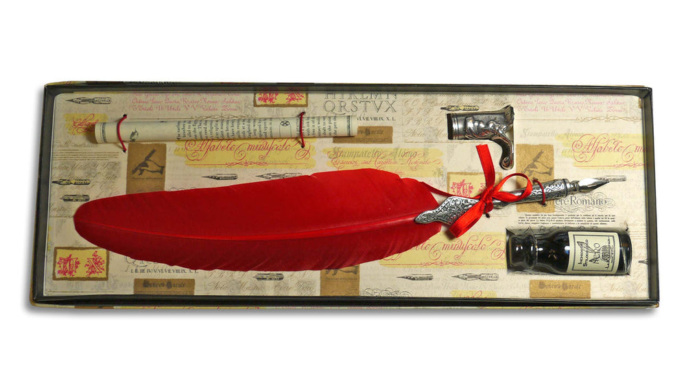 Feather Quill and Ink with Stand - Red