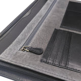 Black leather writing case interior close up