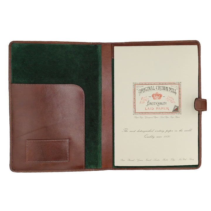Leather Writing Folder - brown leather with green suede lining
