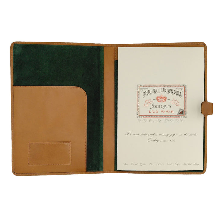 Leather Writing Folder - tan leather with green suede lining