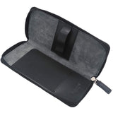 Black Leather Zipped Triple Pen Case - Open, Grey Suede Interior