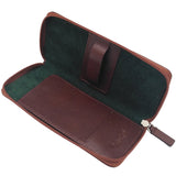 Brown Zipped Triple Leather Pen Case - Open, Green Suede Interior