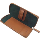 Tan Leather Zipped Triple Pen Case - open, green suede interior