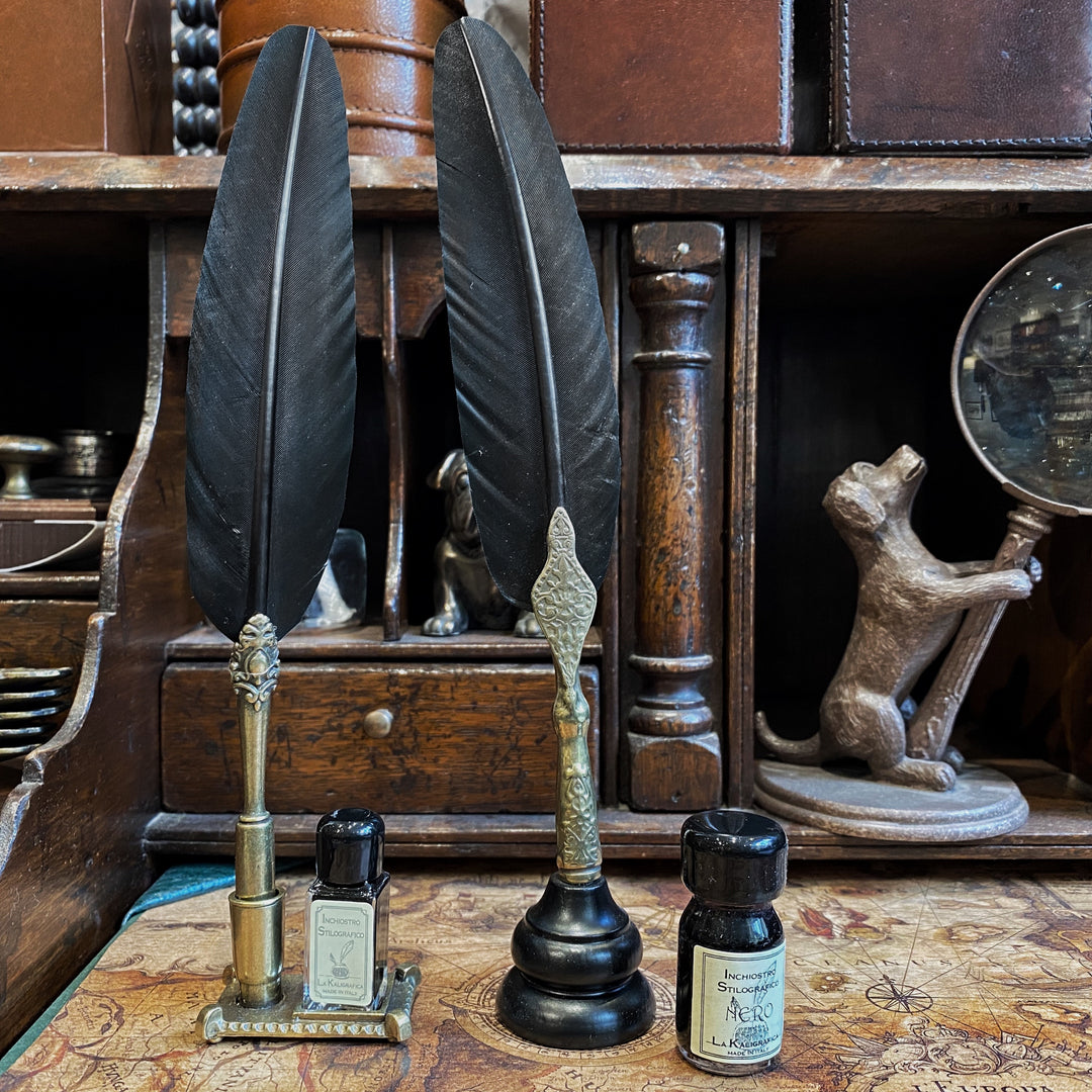 Black Feather Quill with Brass Stand